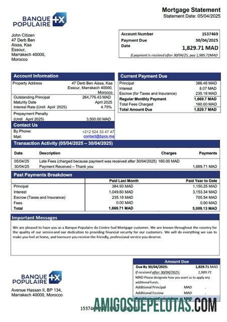 imprimível Marrocos Banque Populaire Du Centre Sud Declaração de hipoteca Word e modelo PDF